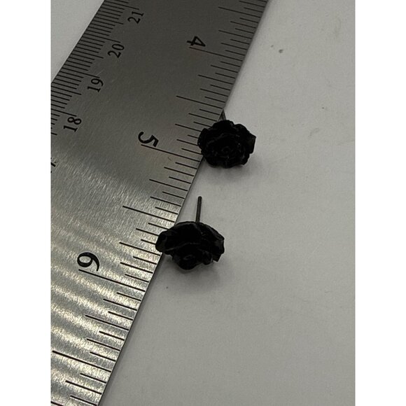 Black Rose-Shaped Stud Earrings With Silver-Tone Posts For Women Or Teens - Picture 5 of 5